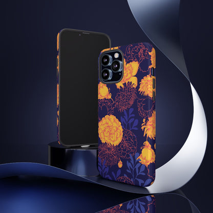 Floral Tough Phone Case — Bold Yellow Marigold Pattern on Deep Navy