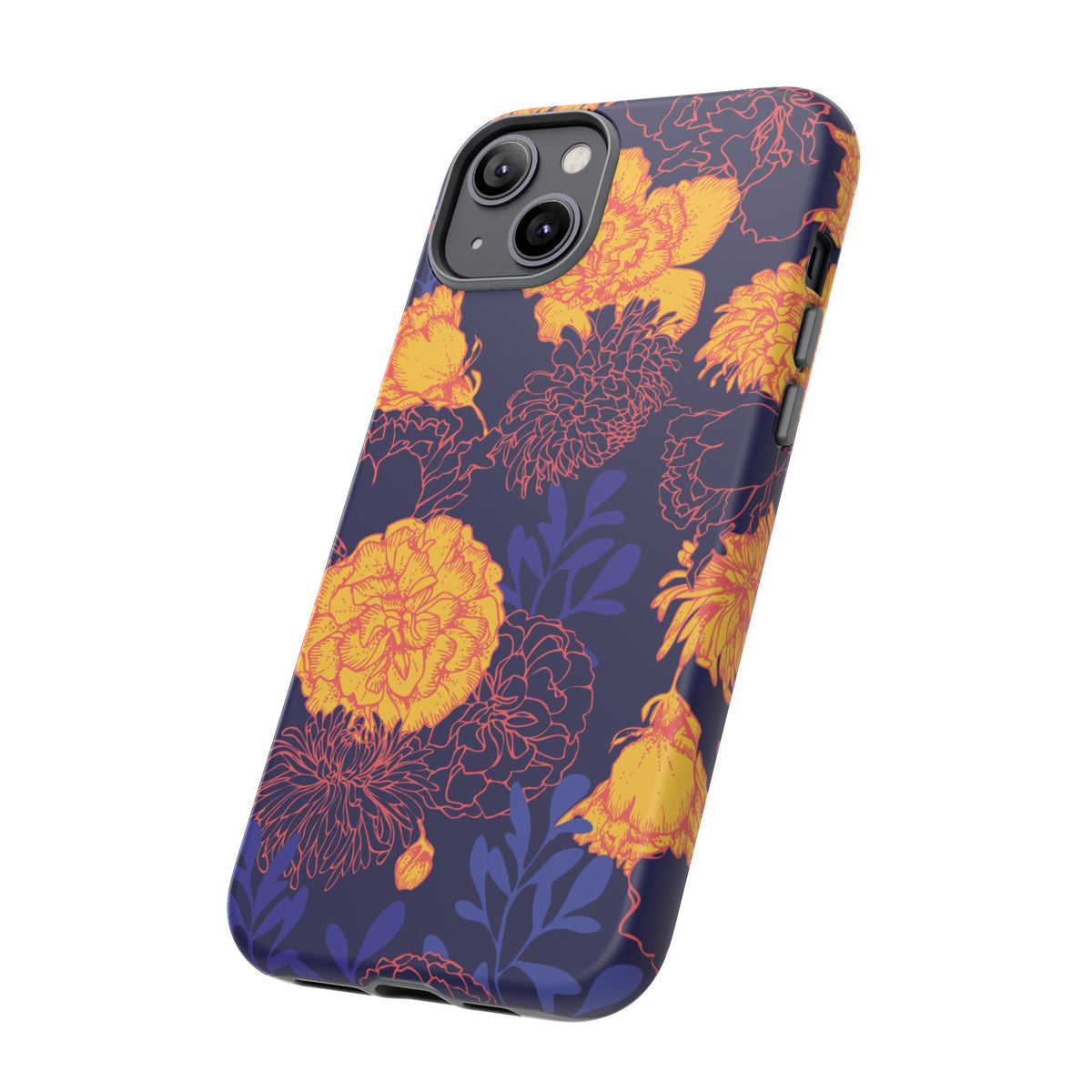 Floral Tough Phone Case — Bold Yellow Marigold Pattern on Deep Navy