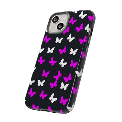 Butterfly Pattern Phone Case — Pink & White Butterflies on Black Tough Case