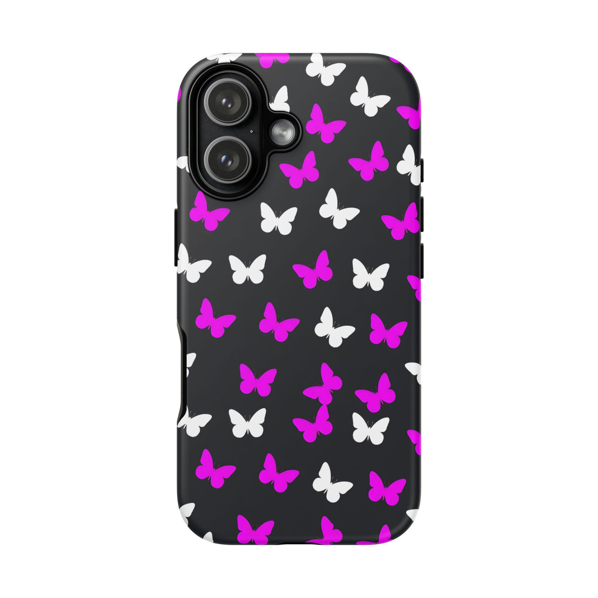 Butterfly Pattern Phone Case — Pink & White Butterflies on Black Tough Case