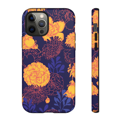Floral Tough Phone Case — Bold Yellow Marigold Pattern on Deep Navy