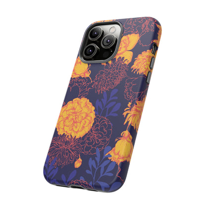 Floral Tough Phone Case — Bold Yellow Marigold Pattern on Deep Navy