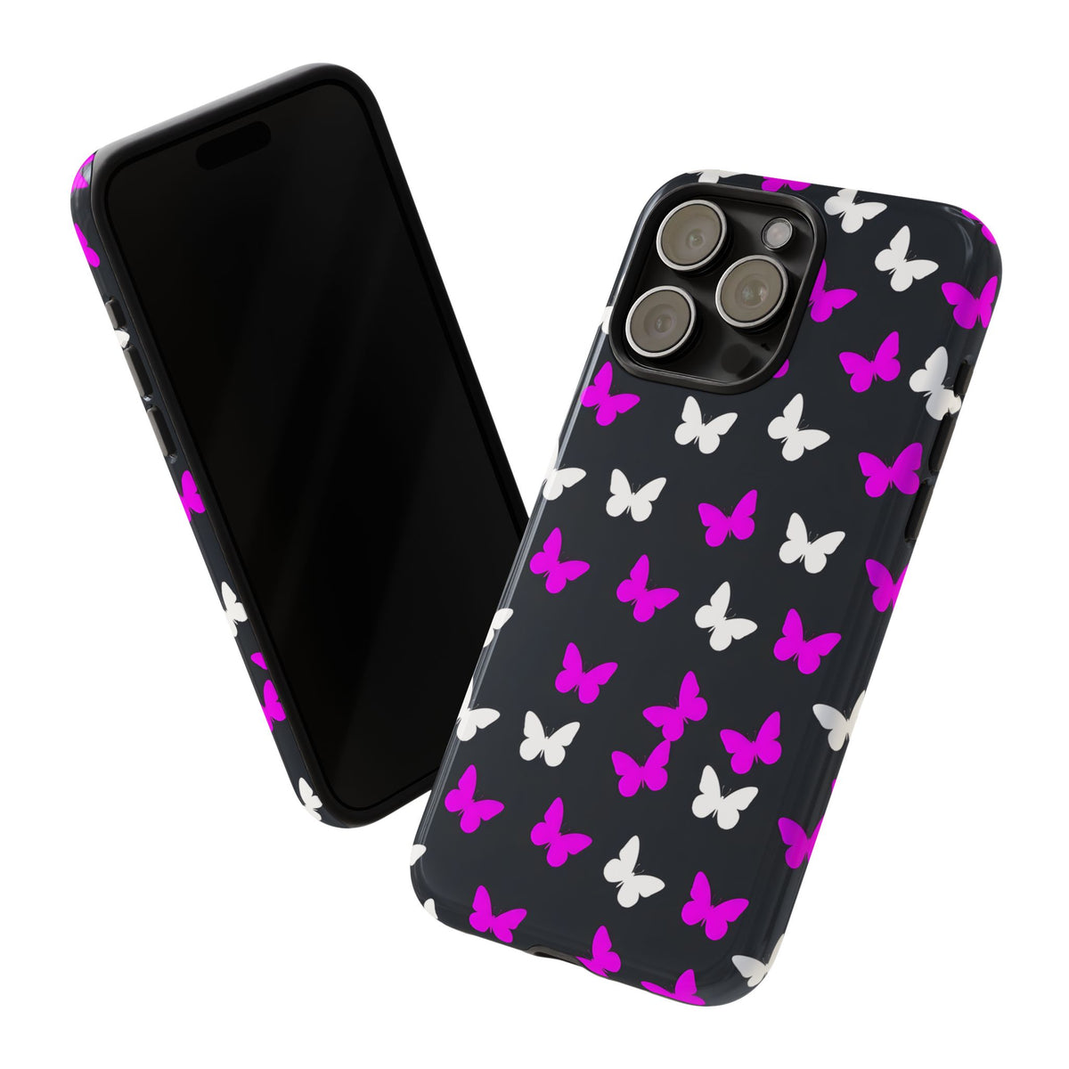 Butterfly Pattern Phone Case — Pink & White Butterflies on Black Tough Case