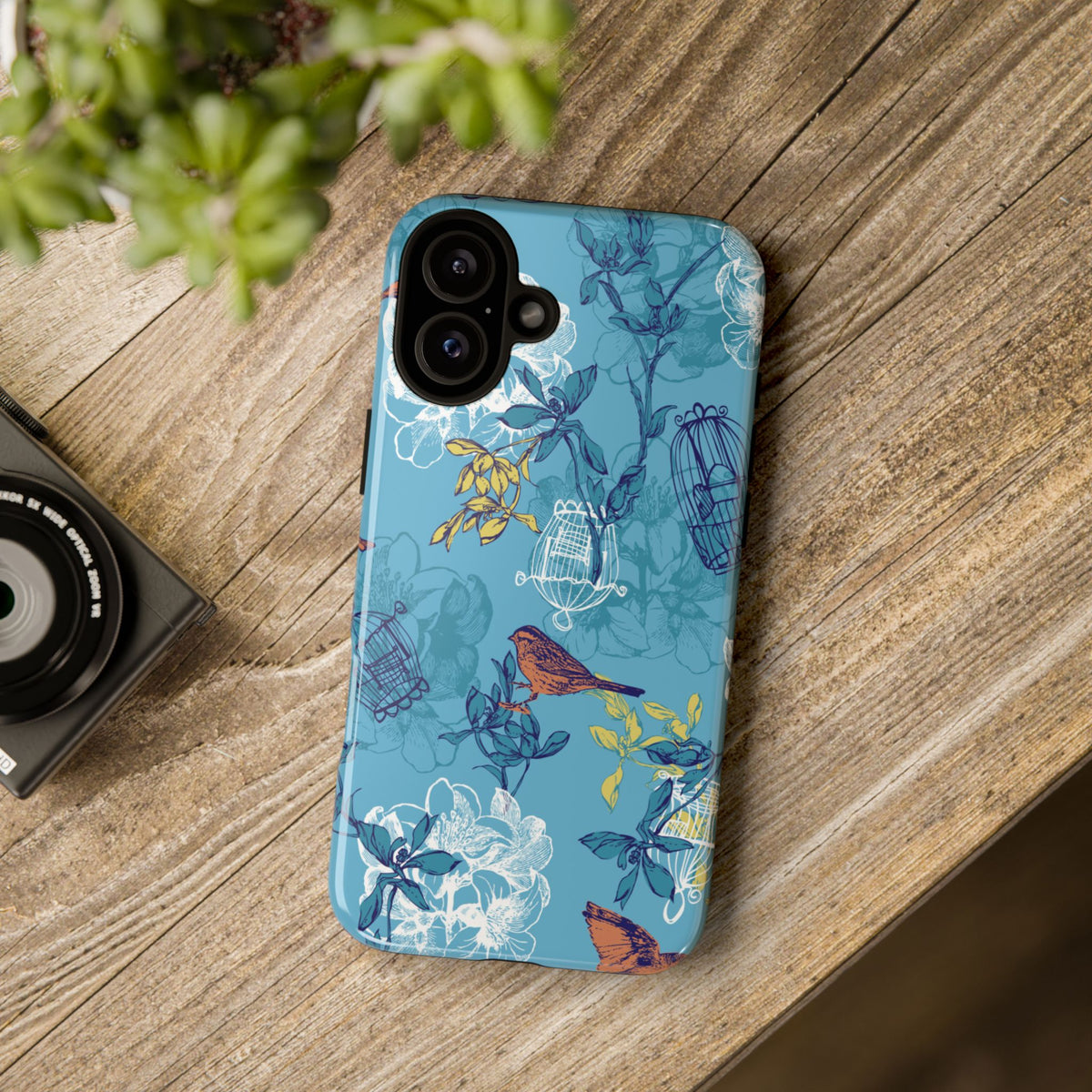 Floral Bird Tough Phone Case — Blue Birdcage Pattern
