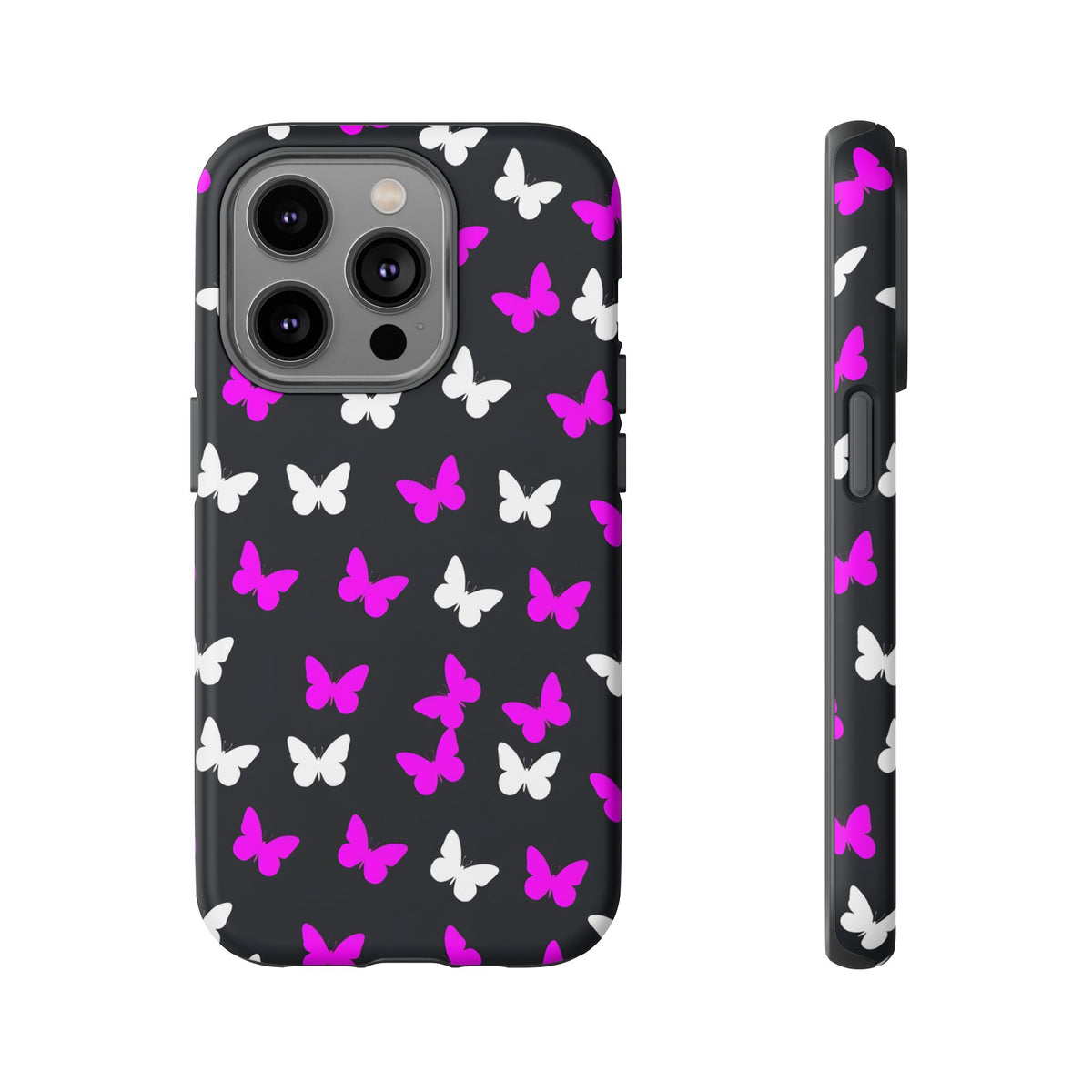 Butterfly Pattern Phone Case — Pink & White Butterflies on Black Tough Case