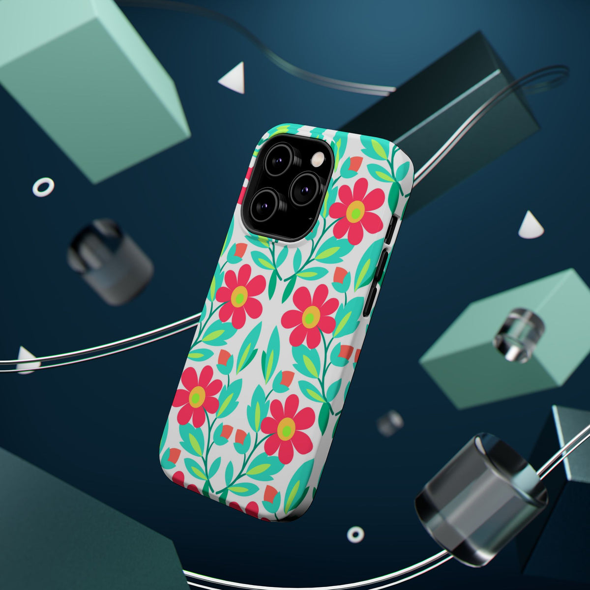 Floral Magnetic Impact-Resistant Phone Case — Pink & Teal Flower Pattern