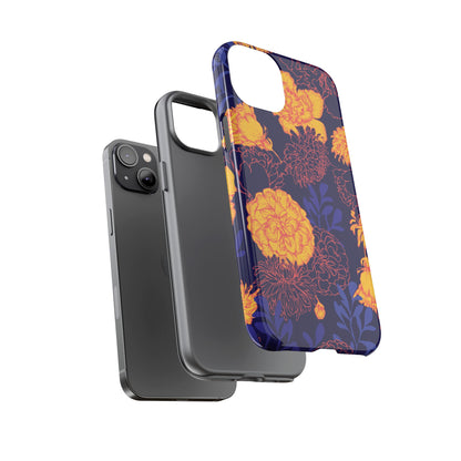 Floral Tough Phone Case — Bold Yellow Marigold Pattern on Deep Navy