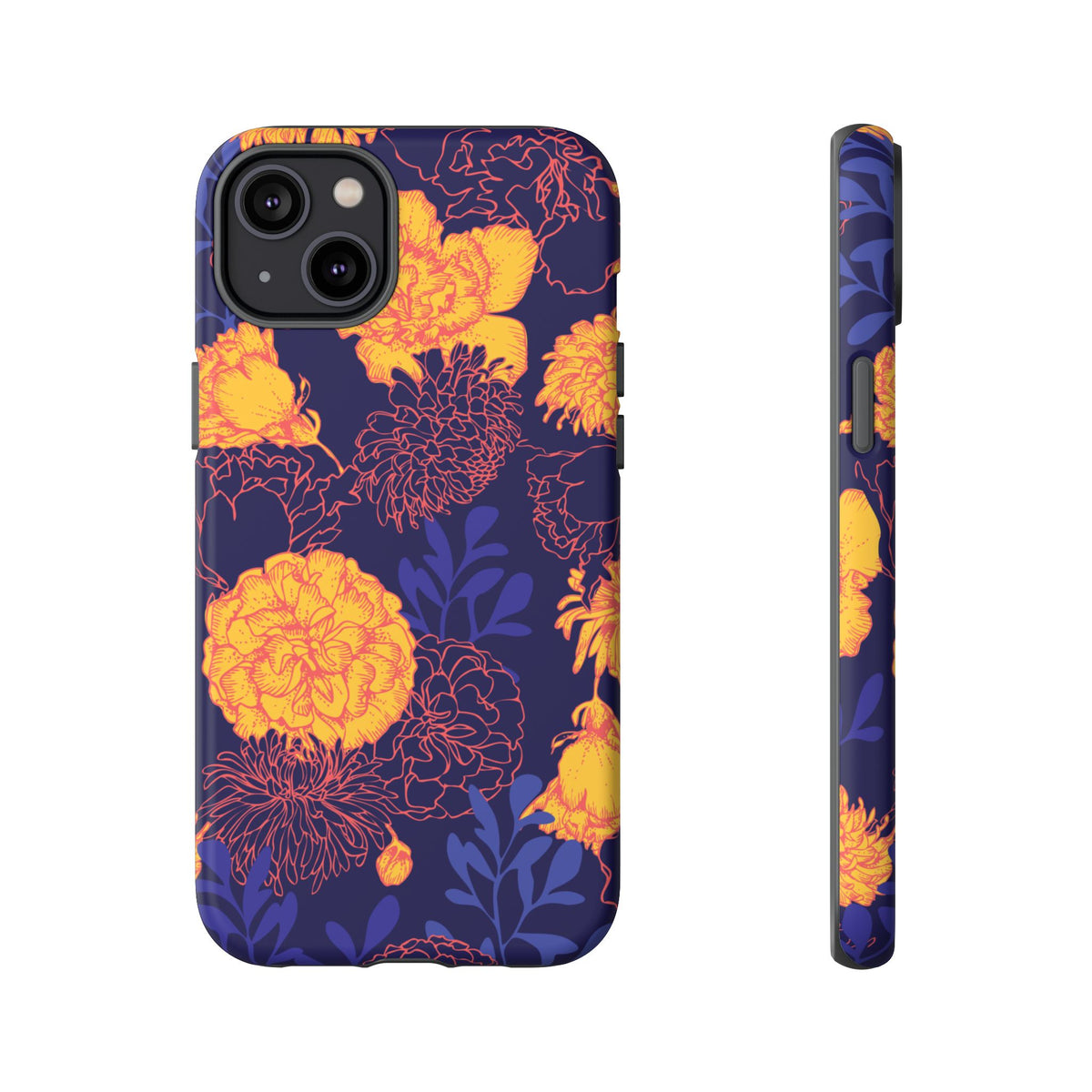 Floral Tough Phone Case — Bold Yellow Marigold Pattern on Deep Navy