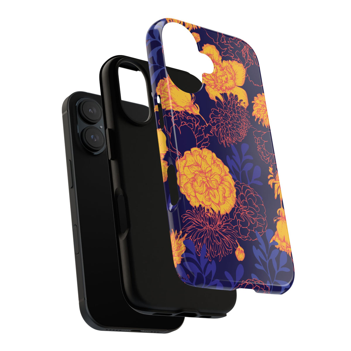 Floral Tough Phone Case — Bold Yellow Marigold Pattern on Deep Navy
