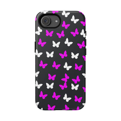 Butterfly Pattern Phone Case — Pink & White Butterflies on Black Tough Case