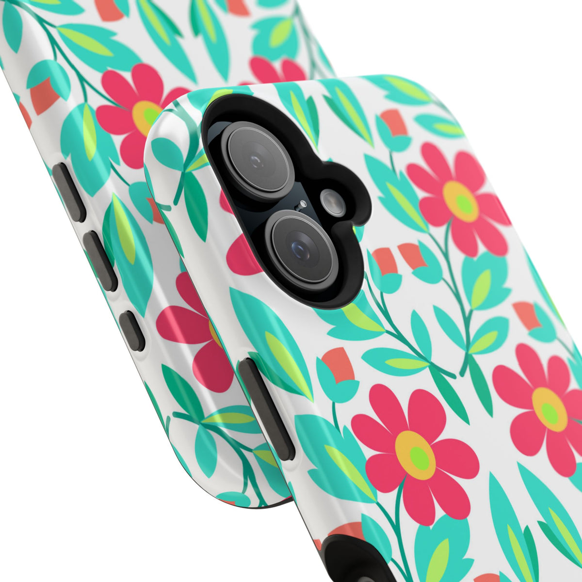 Floral Magnetic Impact-Resistant Phone Case — Pink & Teal Flower Pattern
