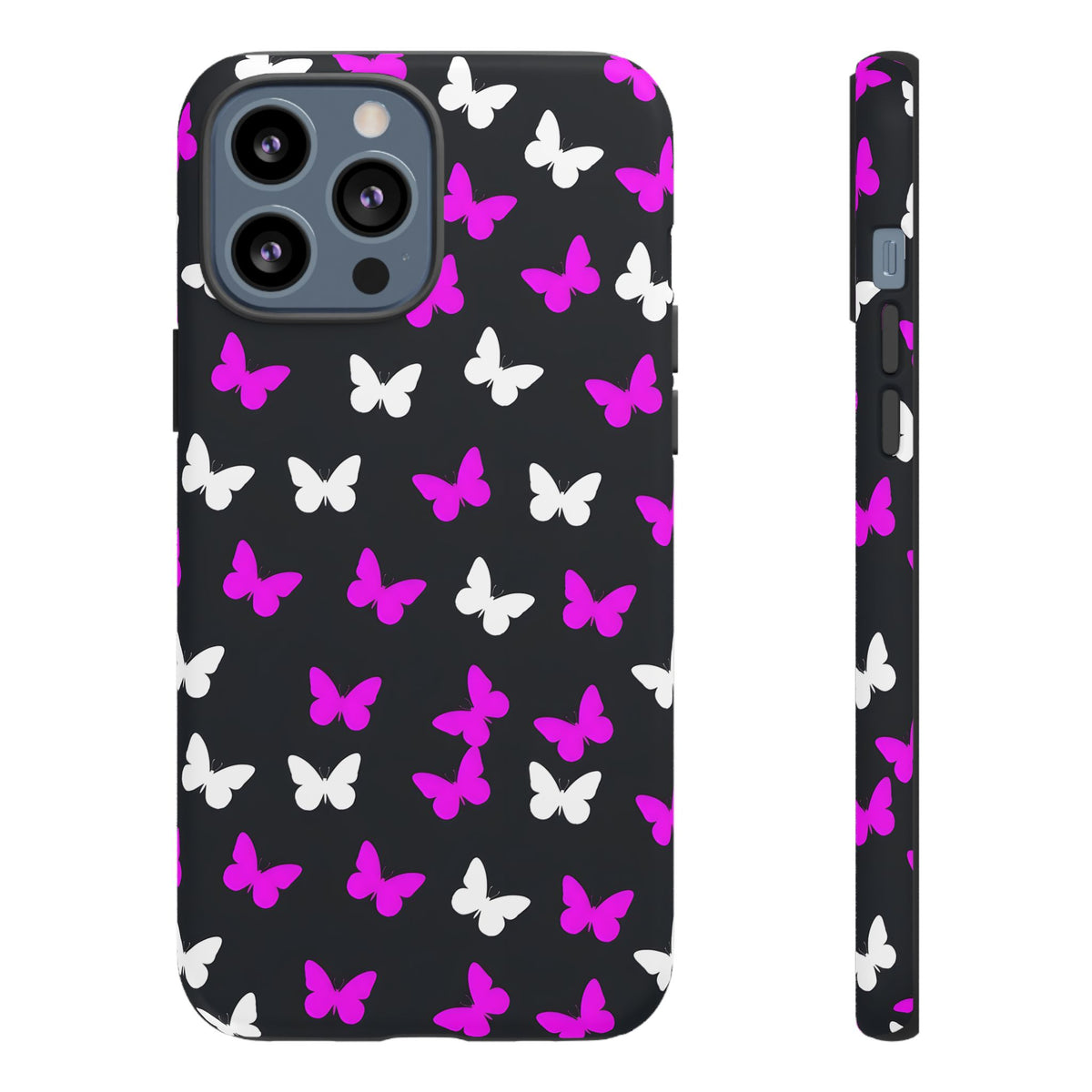 Butterfly Pattern Phone Case — Pink & White Butterflies on Black Tough Case