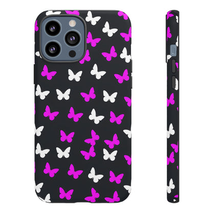 Butterfly Pattern Phone Case — Pink & White Butterflies on Black Tough Case