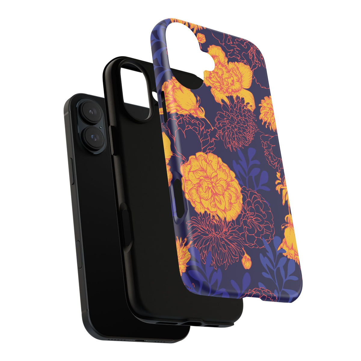 Floral Tough Phone Case — Bold Yellow Marigold Pattern on Deep Navy