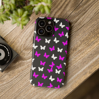 Butterfly Pattern Phone Case — Pink & White Butterflies on Black Tough Case