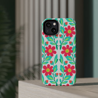 Floral Magnetic Impact-Resistant Phone Case — Pink & Teal Flower Pattern
