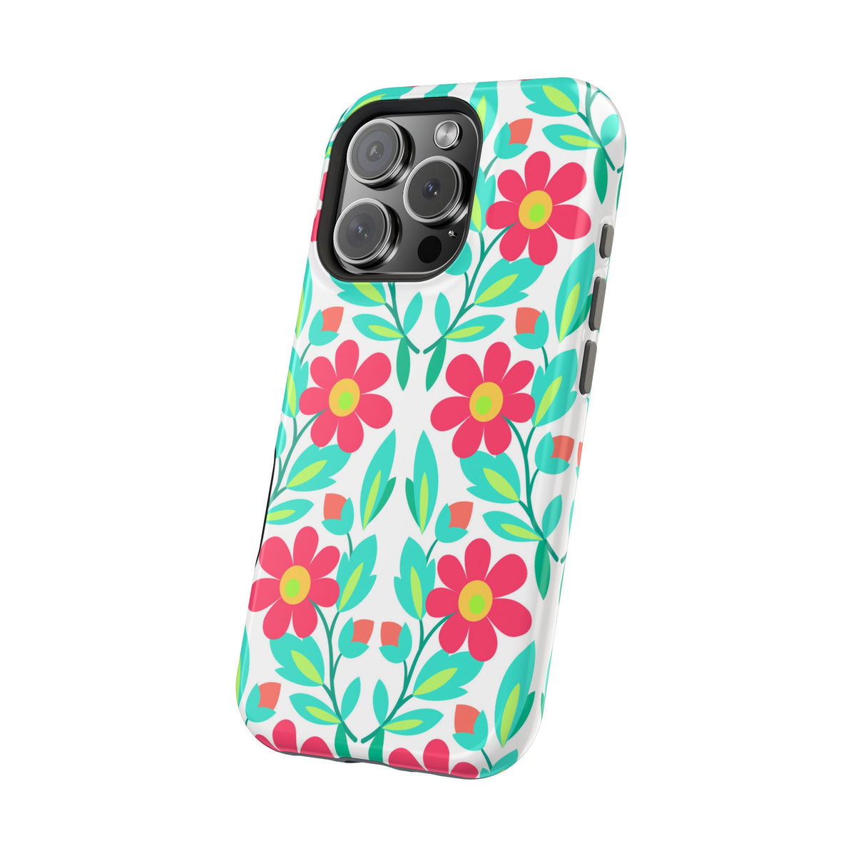 Floral Magnetic Impact-Resistant Phone Case — Pink & Teal Flower Pattern