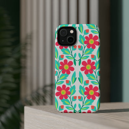 Floral Magnetic Impact-Resistant Phone Case — Pink & Teal Flower Pattern