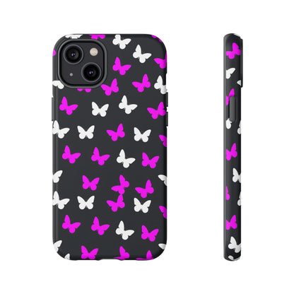 Butterfly Pattern Phone Case — Pink & White Butterflies on Black Tough Case