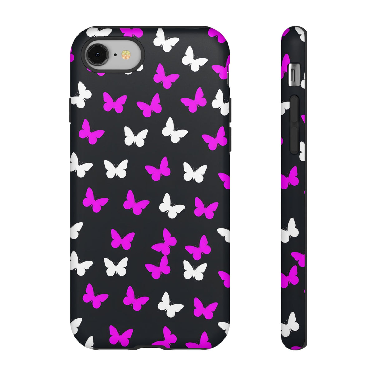 Butterfly Pattern Phone Case — Pink & White Butterflies on Black Tough Case