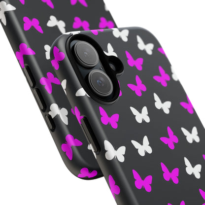 Butterfly Pattern Phone Case — Pink & White Butterflies on Black Tough Case