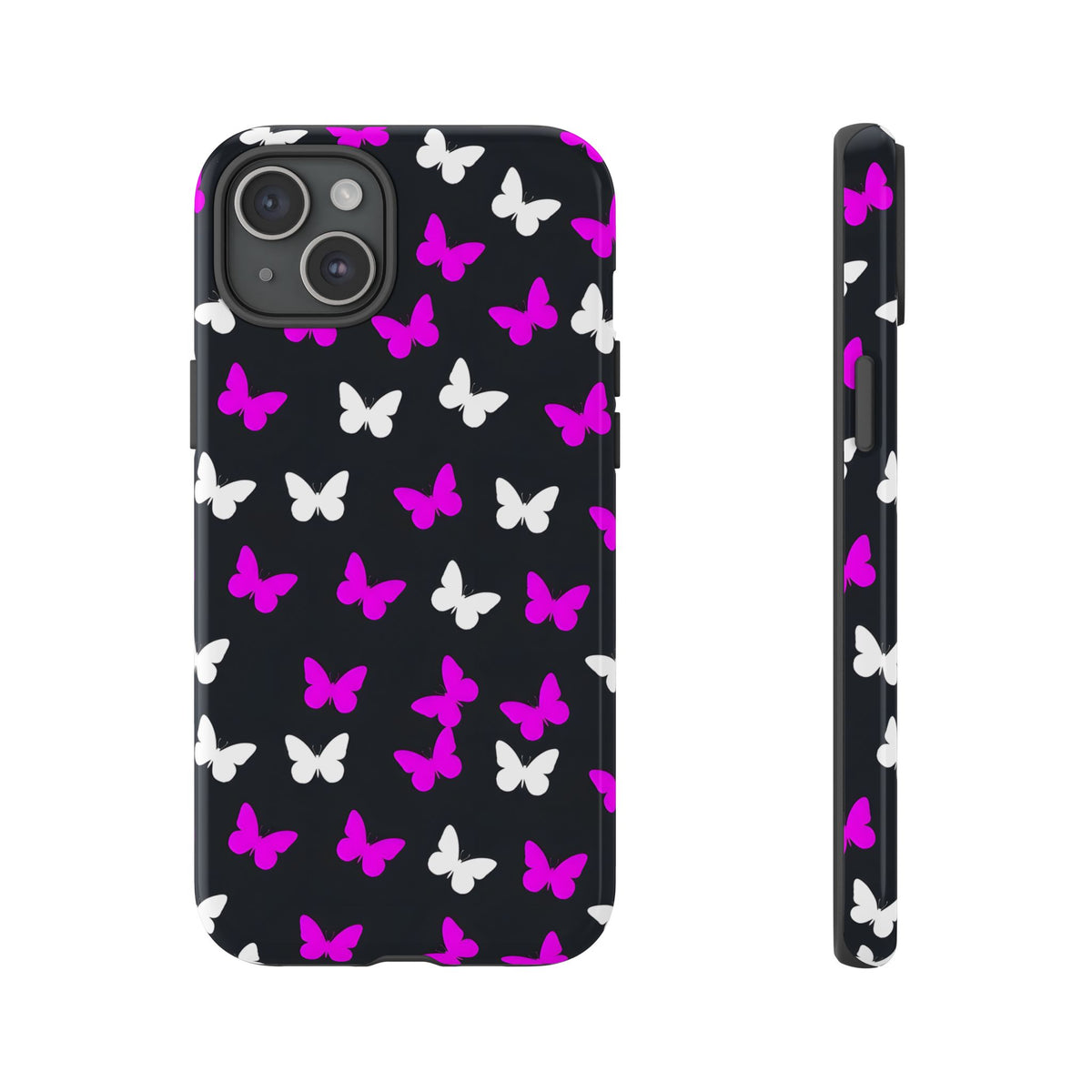 Butterfly Pattern Phone Case — Pink & White Butterflies on Black Tough Case