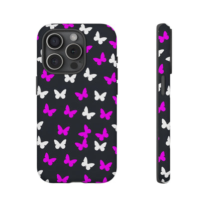 Butterfly Pattern Phone Case — Pink & White Butterflies on Black Tough Case