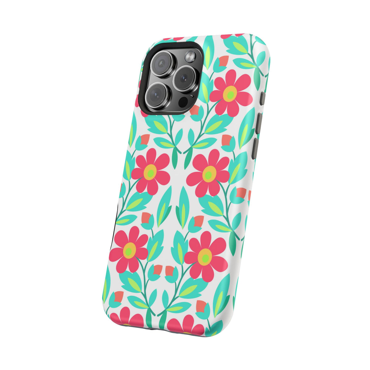Floral Magnetic Impact-Resistant Phone Case — Pink & Teal Flower Pattern