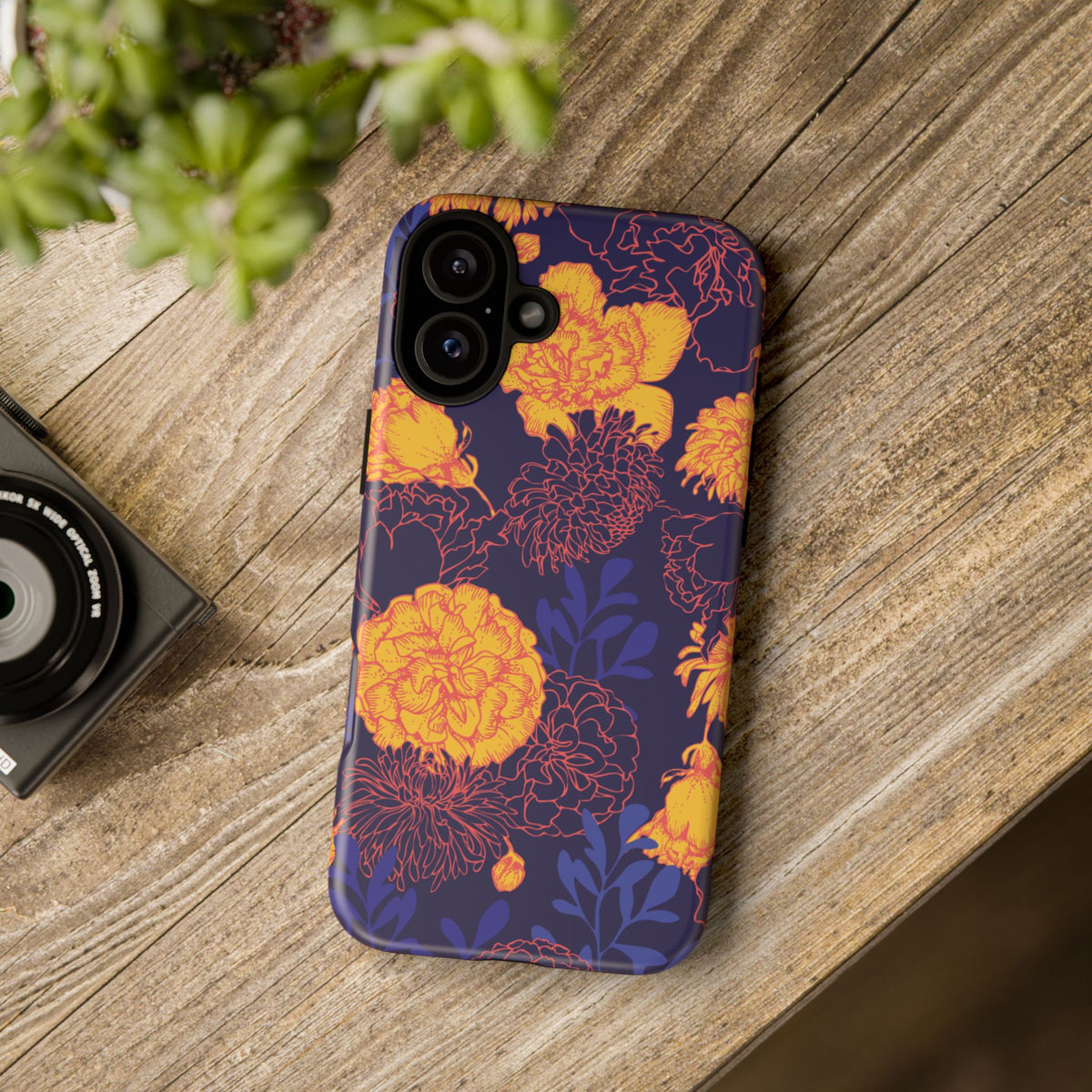 Floral Tough Phone Case — Bold Yellow Marigold Pattern on Deep Navy