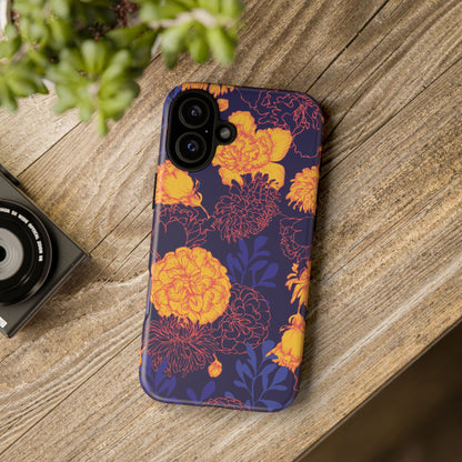 Floral Tough Phone Case — Bold Yellow Marigold Pattern on Deep Navy