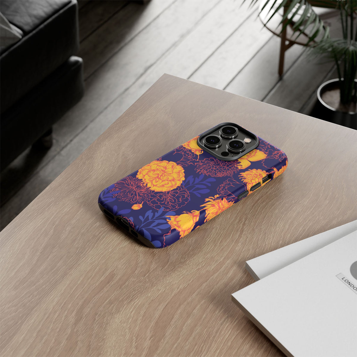 Floral Tough Phone Case — Bold Yellow Marigold Pattern on Deep Navy