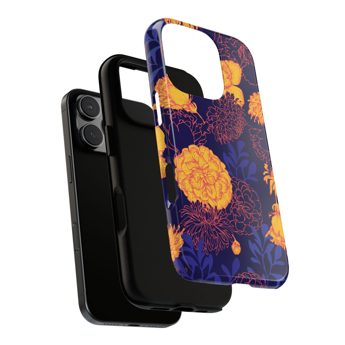 Floral Tough Phone Case — Bold Yellow Marigold Pattern on Deep Navy