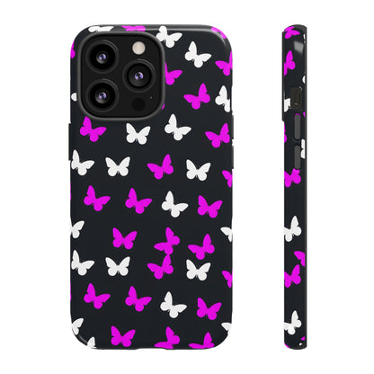 Butterfly Pattern Phone Case — Pink & White Butterflies on Black Tough Case