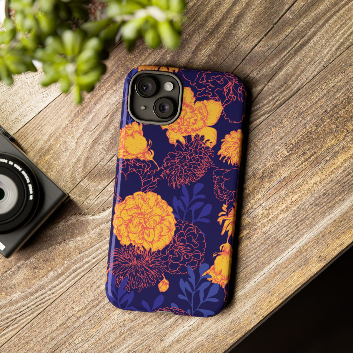 Floral Tough Phone Case — Bold Yellow Marigold Pattern on Deep Navy