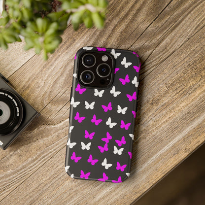 Butterfly Pattern Phone Case — Pink & White Butterflies on Black Tough Case