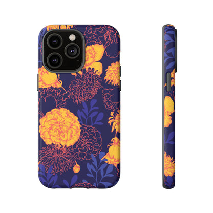 Floral Tough Phone Case — Bold Yellow Marigold Pattern on Deep Navy