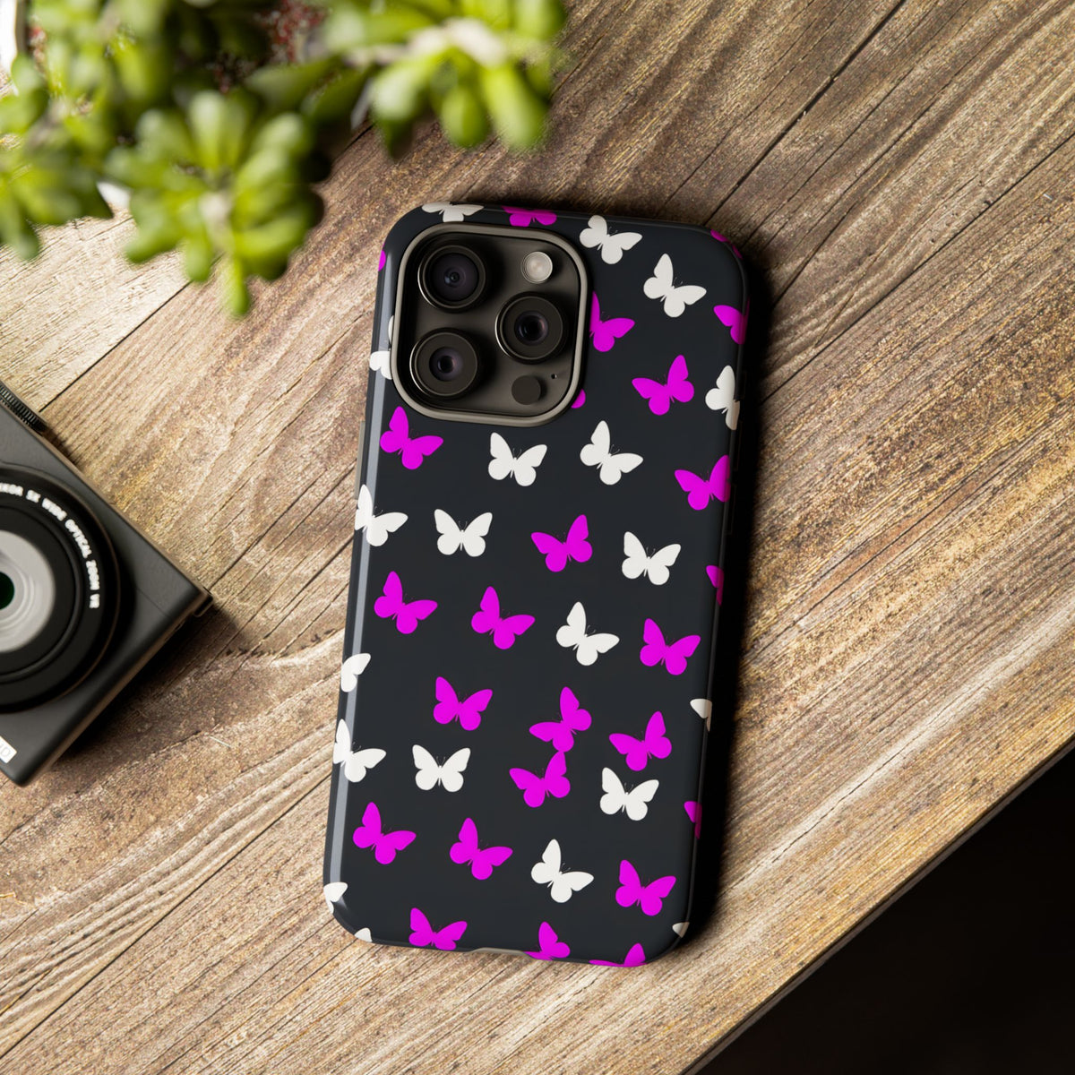 Butterfly Pattern Phone Case — Pink & White Butterflies on Black Tough Case