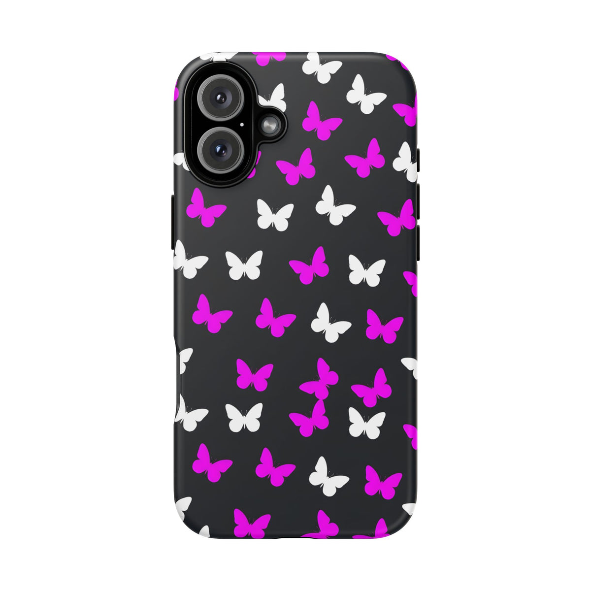Butterfly Pattern Phone Case — Pink & White Butterflies on Black Tough Case