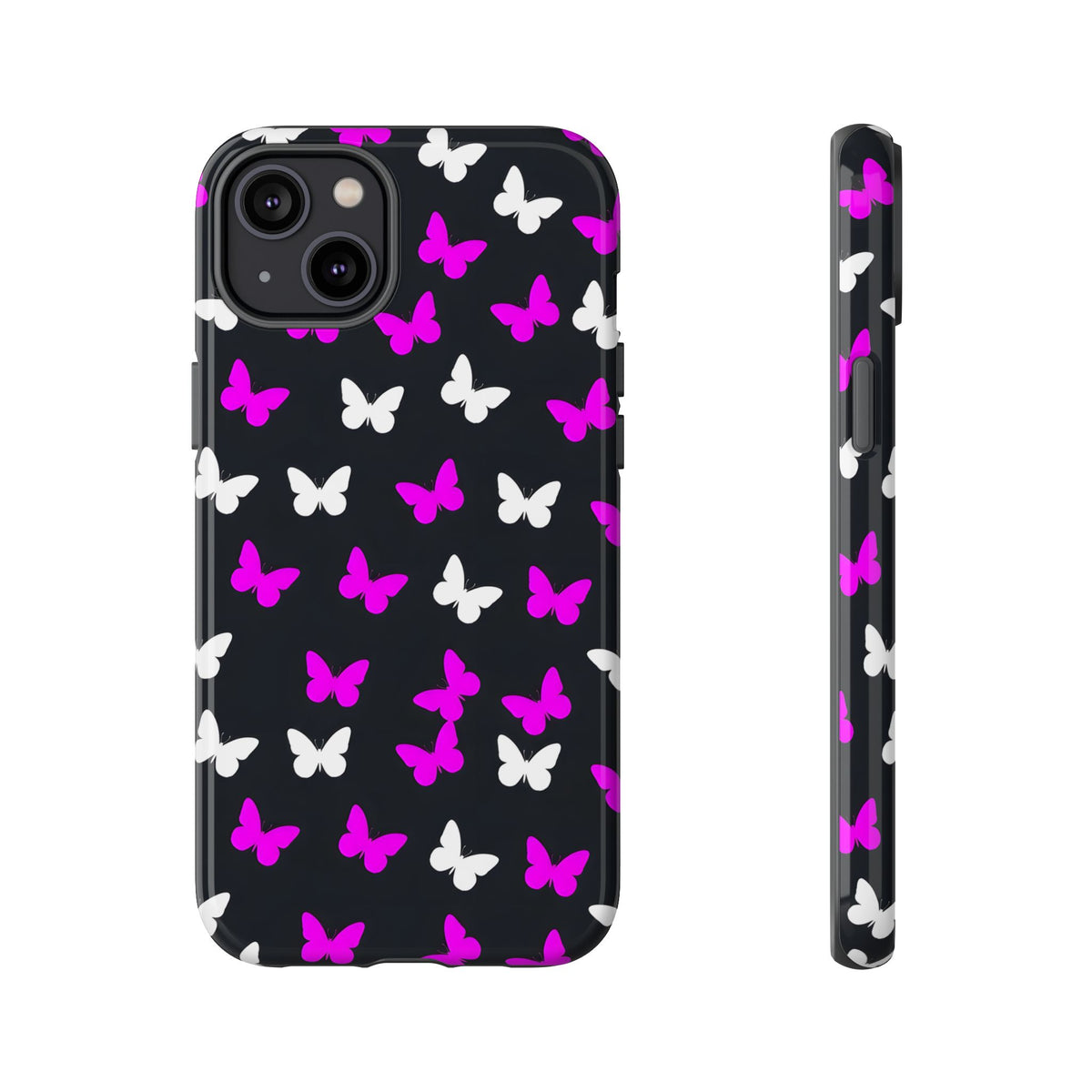 Butterfly Pattern Phone Case — Pink & White Butterflies on Black Tough Case