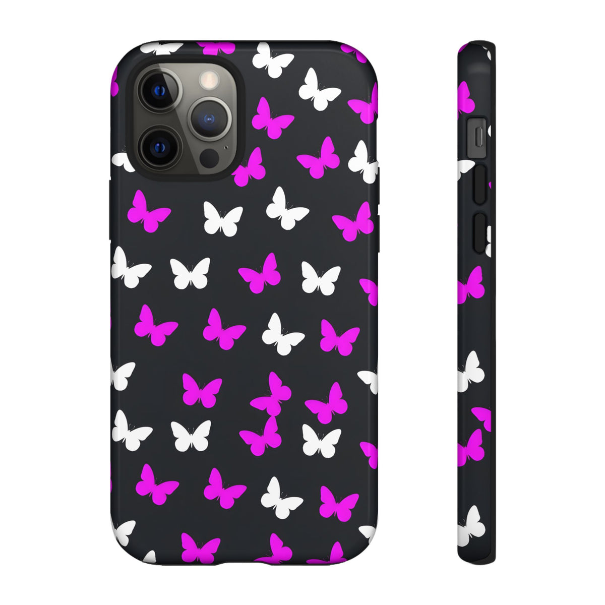 Butterfly Pattern Phone Case — Pink & White Butterflies on Black Tough Case