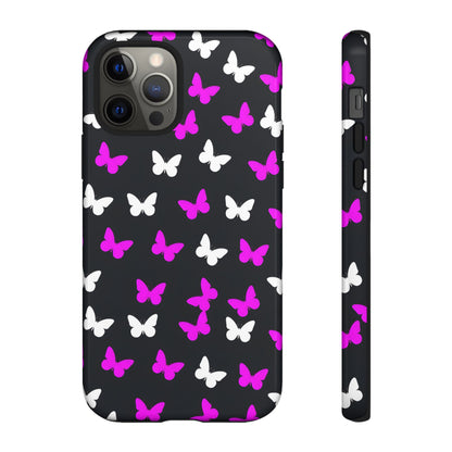 Butterfly Pattern Phone Case — Pink & White Butterflies on Black Tough Case