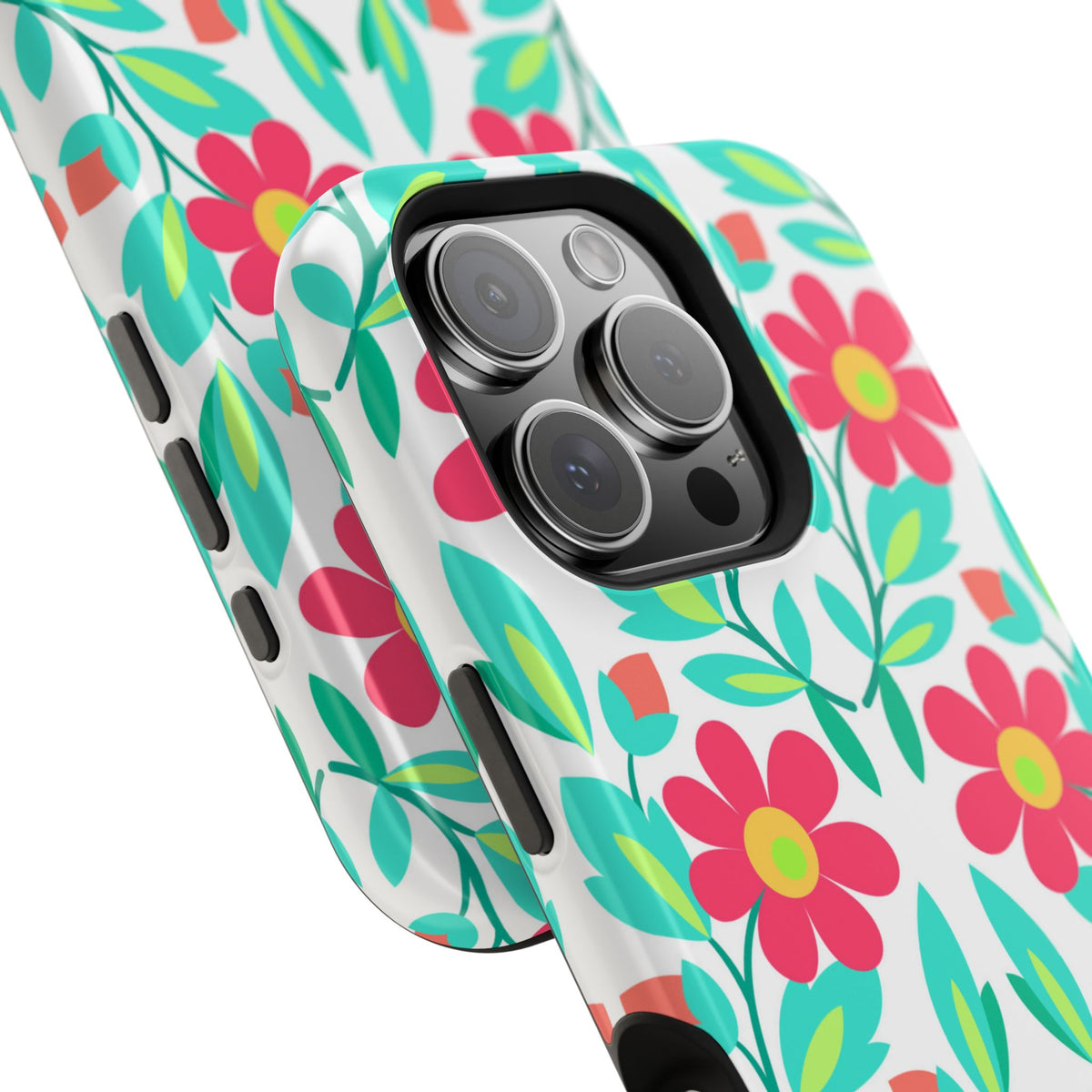 Floral Magnetic Impact-Resistant Phone Case — Pink & Teal Flower Pattern