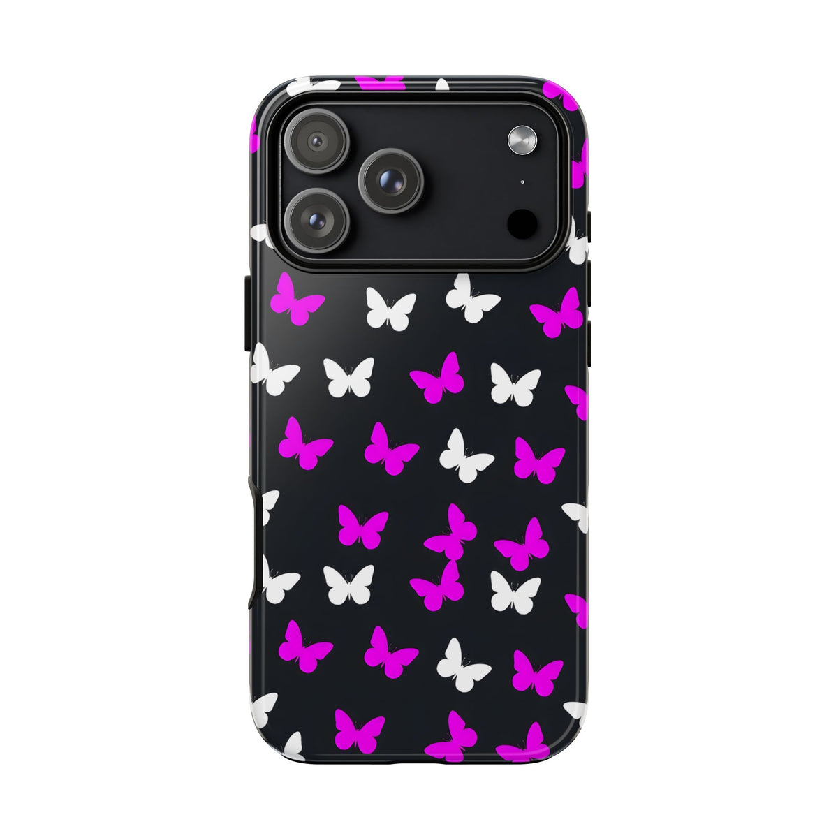 Butterfly Pattern Phone Case — Pink & White Butterflies on Black Tough Case
