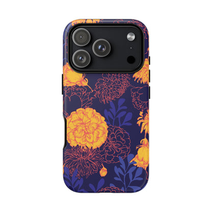 Floral Tough Phone Case — Bold Yellow Marigold Pattern on Deep Navy