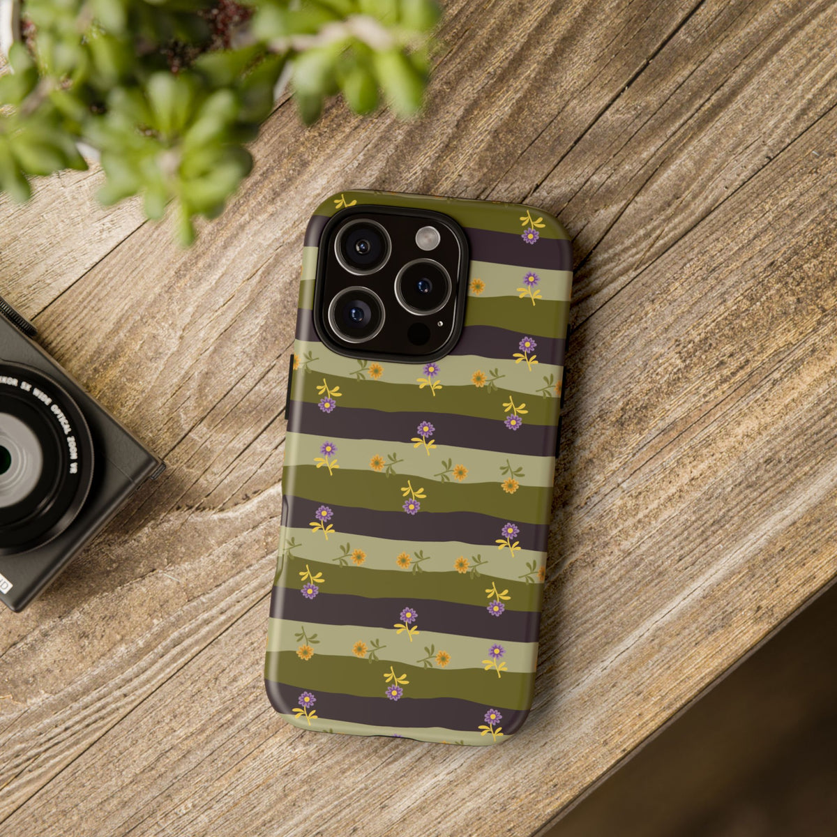 Floral Stripe Tough Phone Case — Olive & Plum Protective Cover