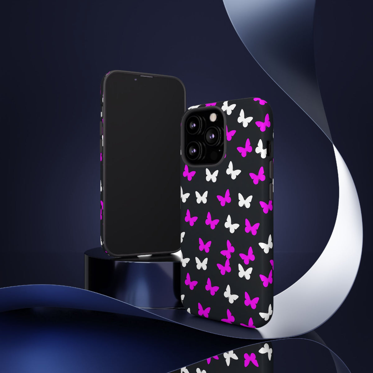 Butterfly Pattern Phone Case — Pink & White Butterflies on Black Tough Case