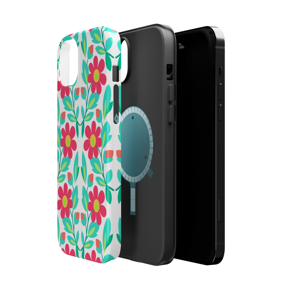 Floral Magnetic Impact-Resistant Phone Case — Pink & Teal Flower Pattern