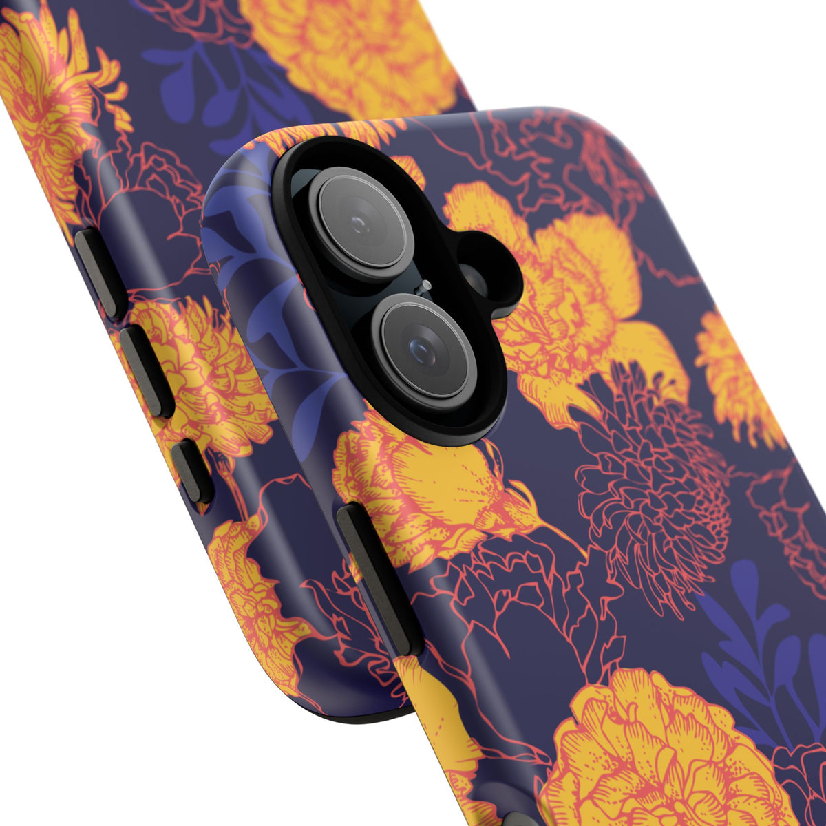 Floral Tough Phone Case — Bold Yellow Marigold Pattern on Deep Navy