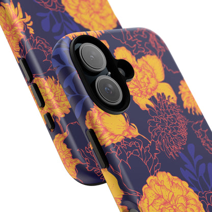 Floral Tough Phone Case — Bold Yellow Marigold Pattern on Deep Navy