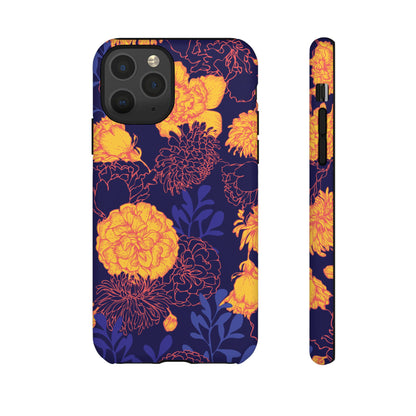 Floral Tough Phone Case — Bold Yellow Marigold Pattern on Deep Navy